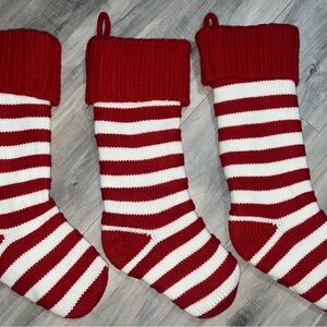 Set of 3 Red and White Striped Knit Christmas Stockings